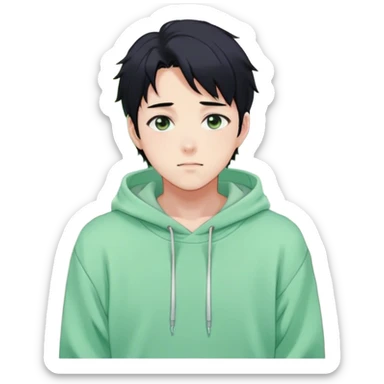 Gorgeous pastel green sweater black hair anime style shojo guy with blushing face and, hoodie, aesthetic, young adult, trending style, outside, vedal987 sticker