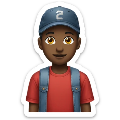 Head shot of African American Boy

Clothing: Wearing a red t-shirt with denim overalls, white sneakers, and a baseball cap turned backward sticker
