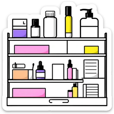 big long white shelf with one serum bottle labeled beauty brand and big sticky note next to it sticker