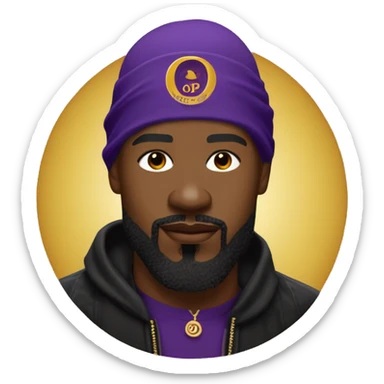 Omega psi phi man wearing a purple and gold letter man jacket a black durag on his head brown skinned black full beard and attractive slim nose and a gold hoop nose ring  sticker
