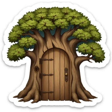 large and old dark oak tree with door sticker