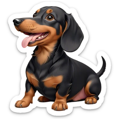 Cinematic Cute Yawning black and tan Dachshund Portrait Emoji, Head tilted slightly with a dramatic, wide-open yawn, showcasing a smooth black and tan coat with a subtle luster, floppy ears slightly drooping, round brown eyes barely open in drowsy contentment, Simplified yet irresistibly adorable features, highly detailed, glowing with a soft, cozy glow, high shine, relaxed yet expressive, stylized with a touch of whimsy, bright and endearing, soft glowing outline, capturing the essence of a sleepy yet affectionate companion, so drowsy it feels like it could stretch right out of the screen and curl up for a nap! sticker