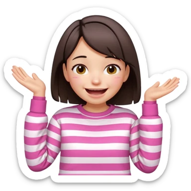 Emoji of a cute 3D girl with short dark brown bob hairstyle, wearing a pink and white striped sweatshirt. She is laughing uncontrollably, tears of joy, white background sticker