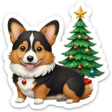 black tricolor corgi with no tail and christmas tree next to it sticker
