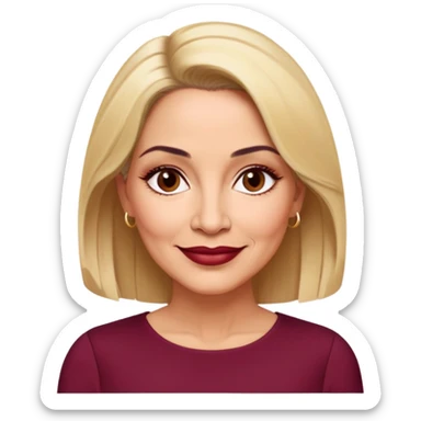 Puerto Rican actress Linette Torres in her 50s with warm light skin, mature elegant features, some fine lines, expressive eyes, well-defined eyebrows, straight nose, friendly smile, shoulder-length blonde hair, wearing a fashionable burgundy top sticker