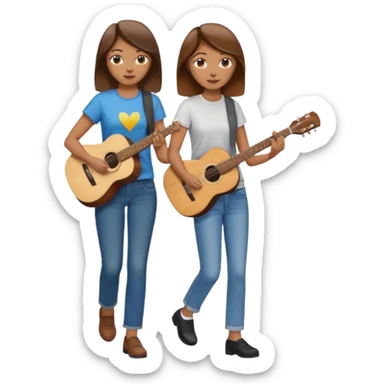 based on emoji style, like this "💁🏻‍♀️" "💁🏽‍♂️" "💁🏻", two people walking together, one is brown-haired woman, wearing business casual, holding a guitar; another one is a non-binary person, wearing t shirt and jeans. they are walking together. sticker