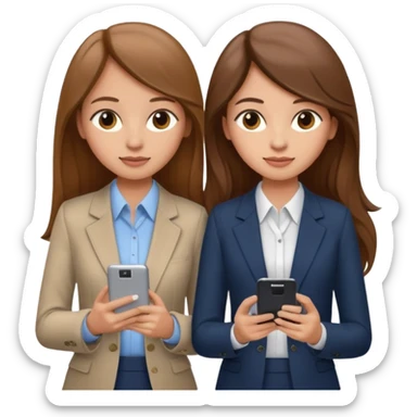 two brown haired girls, looking professional maybe leaned on each others back and looking forward and using phones, with long hair and one girl can hold lap top another one can hold the phone, professional clothes, more stylish sticker