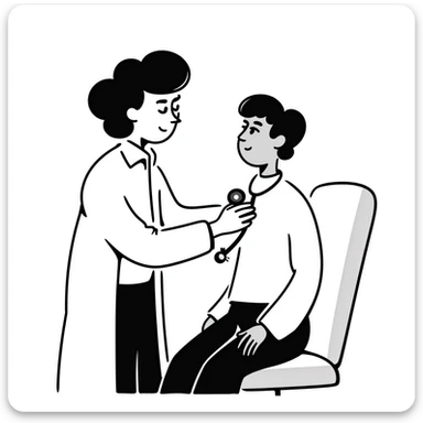 Detailed drawing of physician using stethoscope on patient's chest during cancer screening assessment sticker