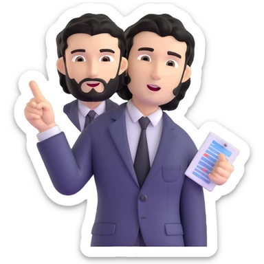 Business strategist man with black wavy hair, stubble, chiseled face, wearing blazer and button-up shirt, standing and pointing at charts while consulting with seated clients, confident leadership expression sticker