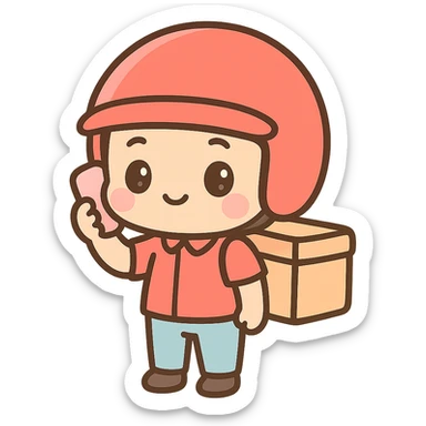 food delivery man in red, wearing red helmet, on the phone, kawaii chibi anime style, flat pastel colors, thick outlines, simple cute features, full body sticker