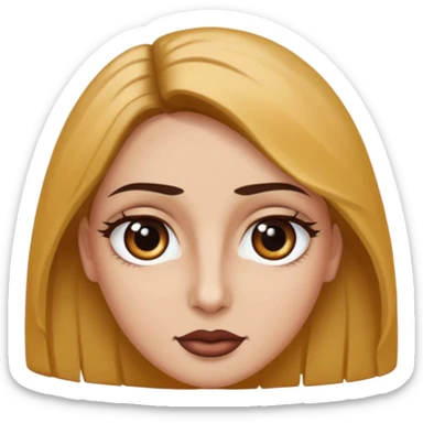 Rostro de forma ovalada con facciones delicadas. Ojos grandes y expresivos de color café oscuro, con pestañas largas y definidas. Cejas oscuras, pobladas y bien formadas color de piel trigeña y cabello largo sticker