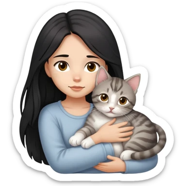 girl with black long hair, light-medium skin, brown eyes snuggling light grey tabby kitten sticker