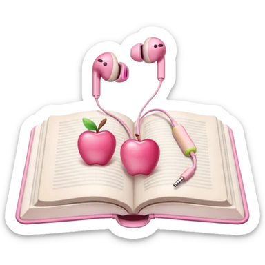  pink Pink Apple-style earbuds lying on an open book, soft pastel tones, cozy and minimal aesthetic, realistic lighting and shadows, top-down view, transparent background" sticker