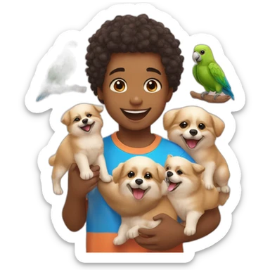 a cute little boy playing with his Pomeranian puppies with buddies parrot sticker