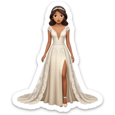 A modern lace wedding gown with a deep plunging neckline, cap sleeves, and a flowing skirt featuring two high front slits for a bold and romantic look.
 sticker