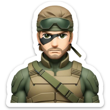 Cinematic Realistic Metal Gear Solid Snake Soldier Portrait, captured in a dynamic, battle-ready stance, muscles defined beneath intricately detailed combat gear in consistent muted greens, browns, and blacks. His determined eyes and rugged features, rendered with dramatic natural lighting and high shine, exude raw, unyielding power, epitomizing the fierce, relentless spirit of a covert operative in the midst of action. sticker