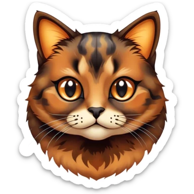 Cinematic Cute Tortoiseshell Cat Portrait Emoji, Head cocked sweetly with bright, curious eyes and a cuddly, mottled fur of rich browns and blacks, simplified yet charmingly adorable, highly detailed, glowing with a warm, gentle radiance, high shine, playful and endearing, styled with a dash of whimsical feline magic, soft glowing outline, capturing the essence of a cute tortoiseshell cat that seems ready to pounce with affectionate mischief! sticker