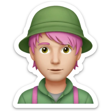 pink haired man with full full face green clay mask and a hat sticker