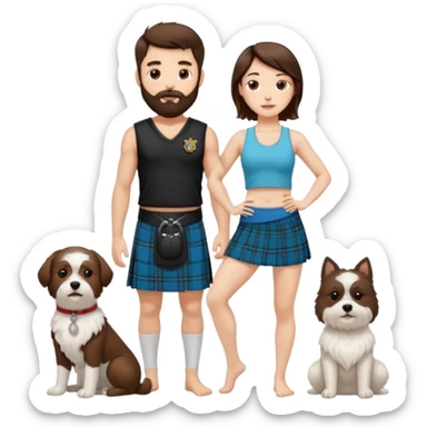 emoji of brunette man with beard wearing kilt, brunette woman in yoga outfit and white fluffy dog sticker