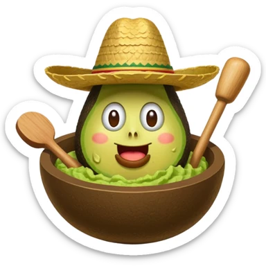 avocado in a bowl of guacamole wearing a sombrero with a mallet swinging down toward its head, whack-a-mole action, iOS emoji style sticker