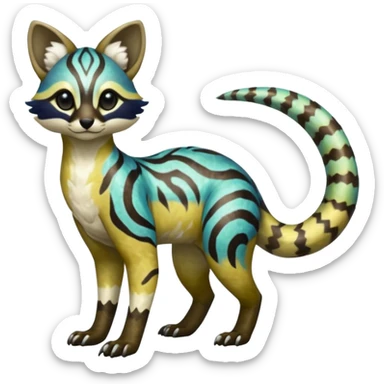 Rare realistic iridescent shiny warm-colored lush tropical exotic cute epic pretty beautiful handsome gorgeous aesthetic colorful vibrant Vernid-Protogen-Primagen-Wickerbeast-Genet-Trico-species-Fakemon-hybrid-creature by LiLaiRa, beautiful intricate markings, full body sticker