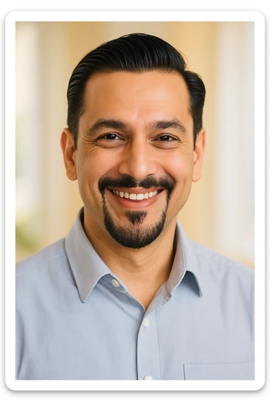 A fair-skinned Indian man, age 40, with a slick Puerto Rican-style French goatee and a charming, trustworthy smile that radiates warmth. sticker