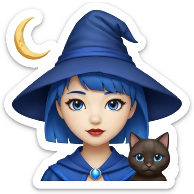 an asian short haired girl with electric blue highlighted short hair with bangs, with her silver left eye and dark brown right eye, with black cat eyed style eyeliner, and smirk of natural toned lipstick, with wizard hat with moon emblem on his hat. sticker