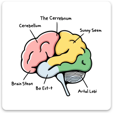Anatomical brain diagram with colored regions: cerebrum in pink, cerebellum in yellow, brain stem in green, and frontal lobe in light blue. Detailed hand-drawn medical illustration with labeled major parts and lobes. sticker