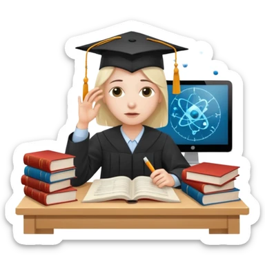 A very exhausted graduate student studying statistical physics. With some books on statistical physics, and a lot of papers, and computers sticker