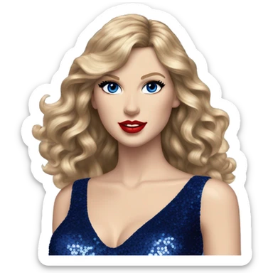 Realistic Taylor swift wearing navy blue glittery sequin bodysuit and dark blonde long hair with red lipstick and blue eyes  sticker