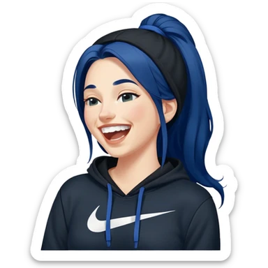 White 30 year old woman with really long dark blue hair head back laughing hysterically wearing a black hoodie with a Nike logo sticker