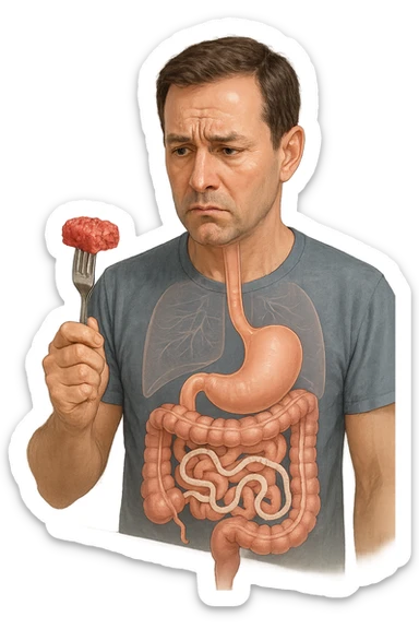A realistic, high-quality medical illustration showing a concerned man in his early 40s holding a piece of raw beef tartare on a fork, looking at it with a worried expression. Behind him, a transparent overlay of his digestive system reveals the presence of Taenia saginata (beef tapeworm), depicted as a long, segmented white worm inside his intestines, symbolizing the infection. The environment is a kitchen with bright but neutral lighting, creating a serious educational tone. Subtle anatomical highlights and clean medical graphics convey the concept of parasite transmission through undercooked beef, emphasizing food safety and health awareness. sticker