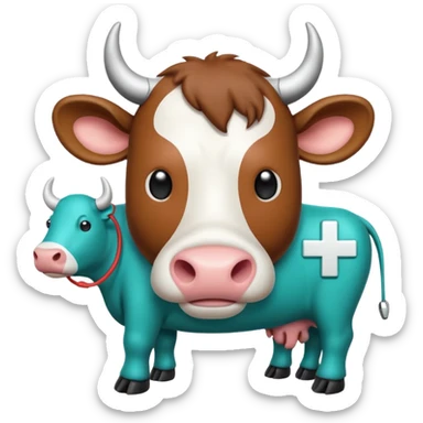 Emoji-style icon of a cow and buffalo with a medical cross and warning pulse or health indicator, showing disease detection. Simple emoji design, teal and white theme, no text, transparent background. sticker