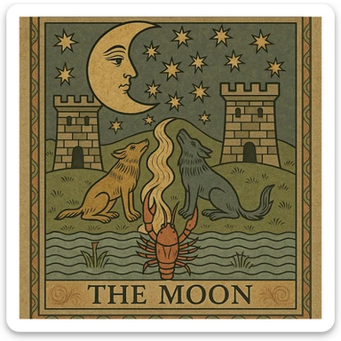Add a prominent lobster emerging from the water at the bottom of The Moon tarot card, in the same vintage Marseille tarot style, keeping all other vintage details and ornate embellishments intact. The style should match the vintage Marseille tarot card exactly as in the reference image. sticker