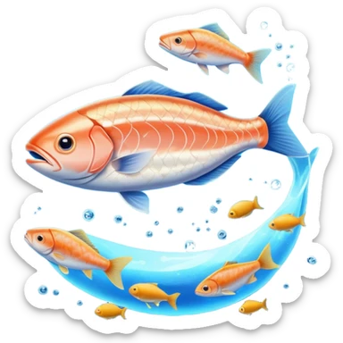 Golden omega-3 capsule floating in blue liquid currents, with salmon fillets, walnuts, chia seeds, and flaxseeds orbiting alongside an ethereal fish near a radiant brain. Blue waves expand from the brain, showing the mental clarity and emotional benefits of omega-3 rich foods. sticker