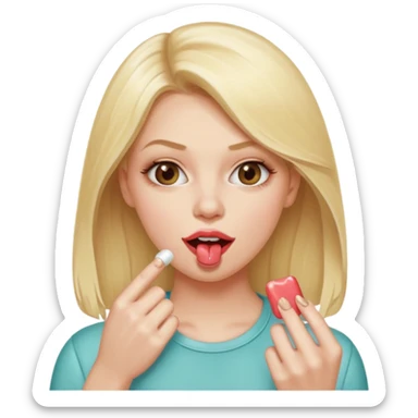 Elle fais une peu petasse, elle se mord le coin la lèvres. Elle est blonde. Ongles vernis marrons. Elle mâche un chewing-gum  sticker