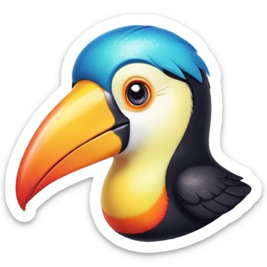 Cinematic Cute Toucan Portrait Emoji, Head tilted playfully and inquisitively, with a delightfully vibrant beak and round, sparkling eyes filled with tropical charm, Simplified yet irresistibly adorable features, highly detailed, glowing with a warm, inviting tropical glow, high shine, affectionate and lively, stylized with a touch of whimsical exotic flair, soft glowing outline, capturing the essence of a mischievous yet loving toucan that seems as if it could flutter out of the screen into your arms! sticker
