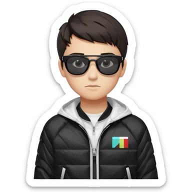 A confident 17 year old boy with short dark hair, wearing pixelated “deal with it” meme sunglasses and a sporty jacket with a bright inner lining. He has a calm, serious expression that gives off a cool, laid-back vibe. sticker
