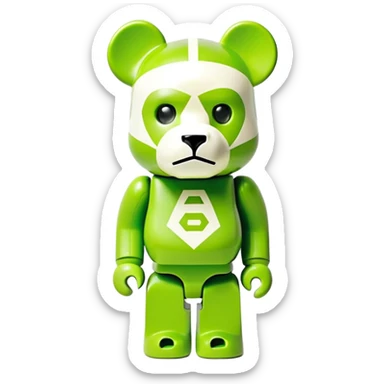 authentic bearbrick figure with geometric bear head, lime green mask with Off-White diagonal stripes logo, distinct eyebrows, collectible toy sticker