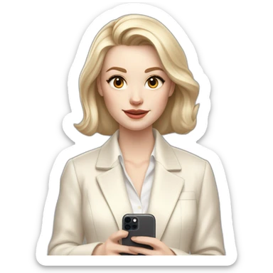 pale skin woman with ash blonde Straightened bob Hair, White Spacious classical jacket, beige palazzo Arrow pants and gray blouse holding white IPhone 15 pro in the hands sticker