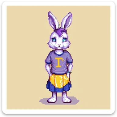 furry anthro male bunny with purple hair, blue eyes, purple and white fur, t-shirt and skirt, pixel art style, standing pose sticker