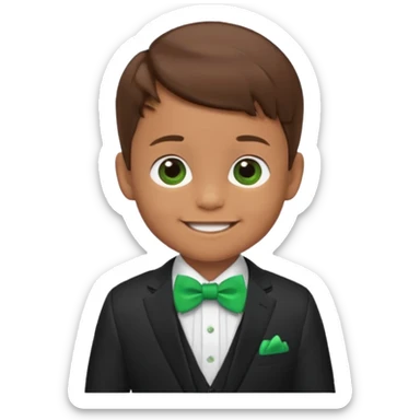 baby boy brown hair in suit, with green bow, smile sticker