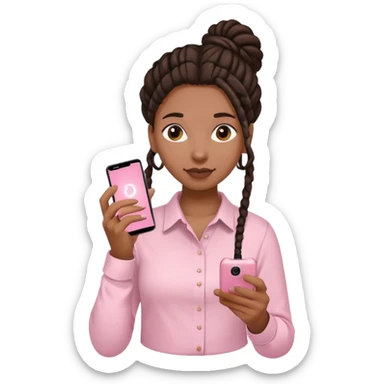 Dark brown woman with dreadlocks in bun Light pink shirt with a light pink phone in her hand sticker