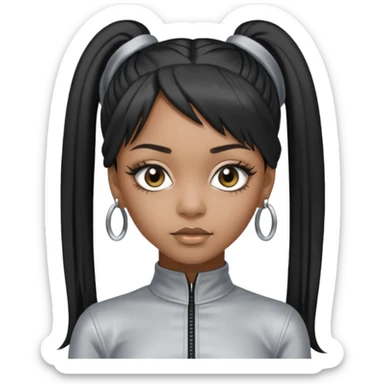 Left Eye from TLC with long black ponytail hair, silver outfit sticker