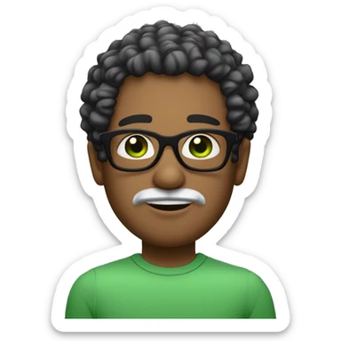 Man with green eyes and black specs, white skin curly hair, small goate below the lips. Hair colour is dark brown, fade hairstyle - is designing sticker