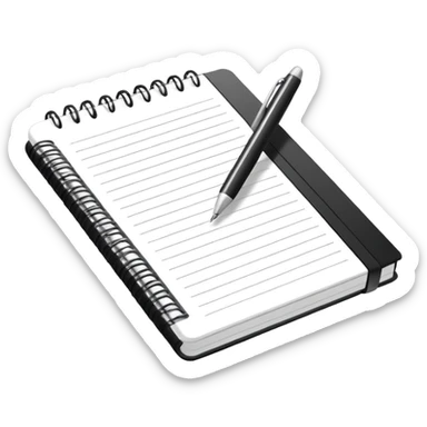 Minimal line-art icon of a notebook with a pen, clean modern style, simple outlines, slightly 3D, no background, transparent, suitable for video overlays, “documenting / journaling / tracking progress” theme. sticker