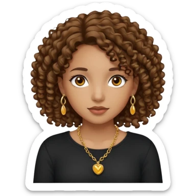 girl with tan skin, dark hazel eyes, and curly brown hair wearing a black long sleeve shirt and gold necklaces sticker