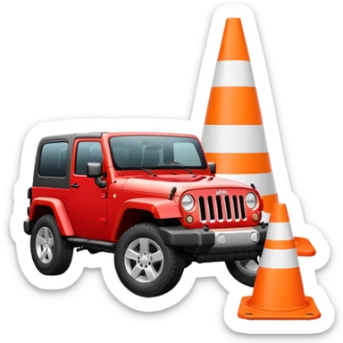 red Jeep Wrangler driving over a completely all-white traffic cone with no orange, no stripes, no markings, emoji style sticker