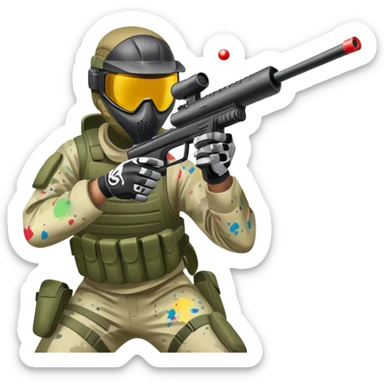 A paintball player in full gear, aiming a paintball gun with focus and determination. The scene includes vibrant splashes of paint and a dynamic battlefield setting, emphasizing action, strategy, and teamwork in a competitive environment sticker