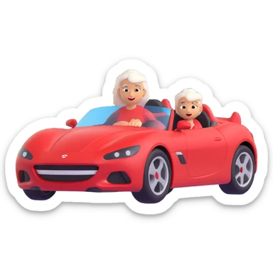 Make the red sports car 20% more realistic while keeping the mother with white hair looking fast and furious, dynamic motion effects, sporty 3D emoji style, no background sticker